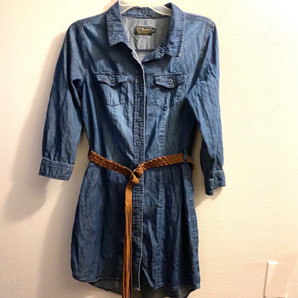 CI SONO Belted Long Sleeve Denim Jean Dress